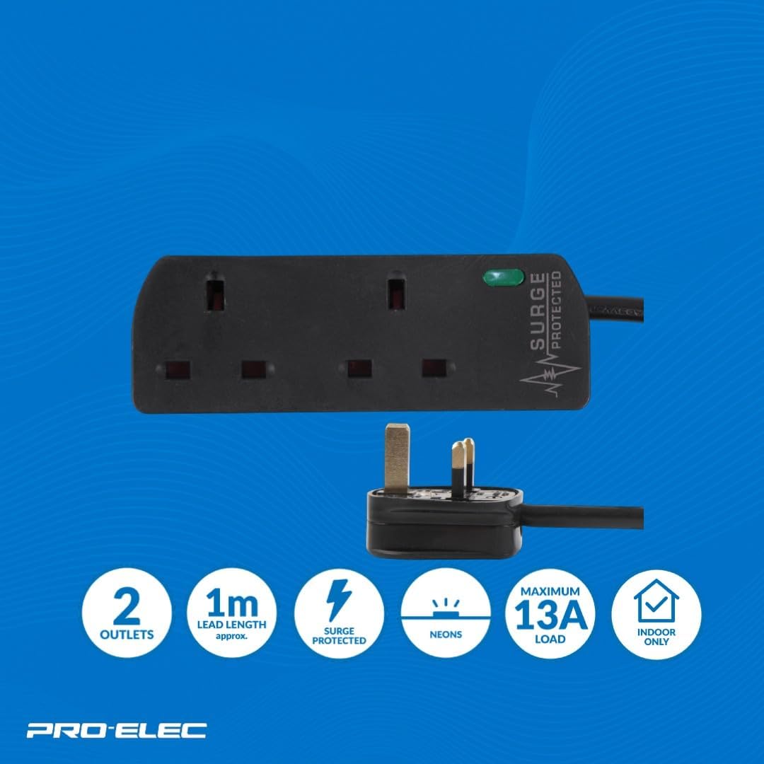 PELB1989 2-Gang Extension Lead with Surge Protection, 1m, Black