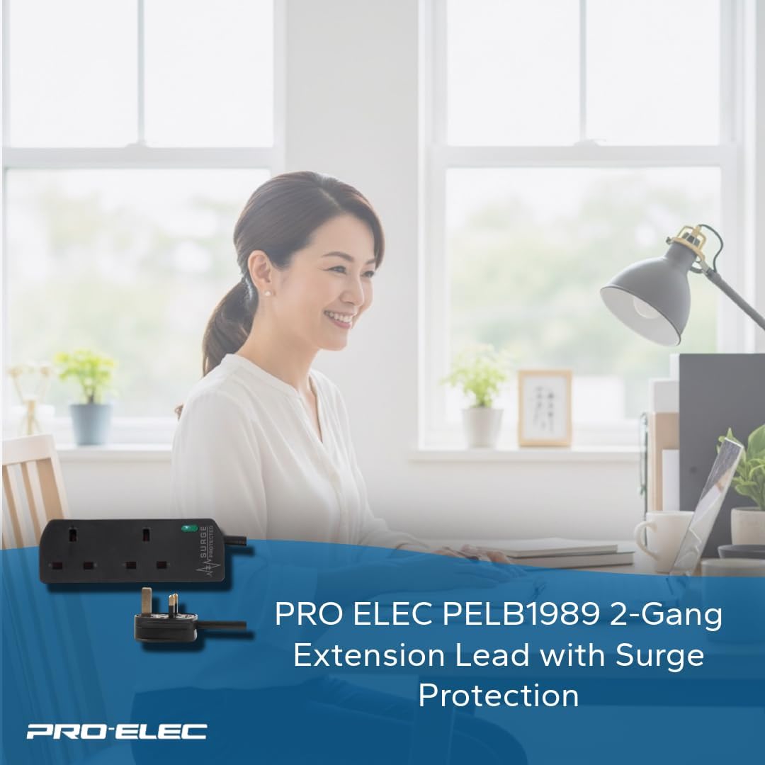 PELB1989 2-Gang Extension Lead with Surge Protection, 1m, Black