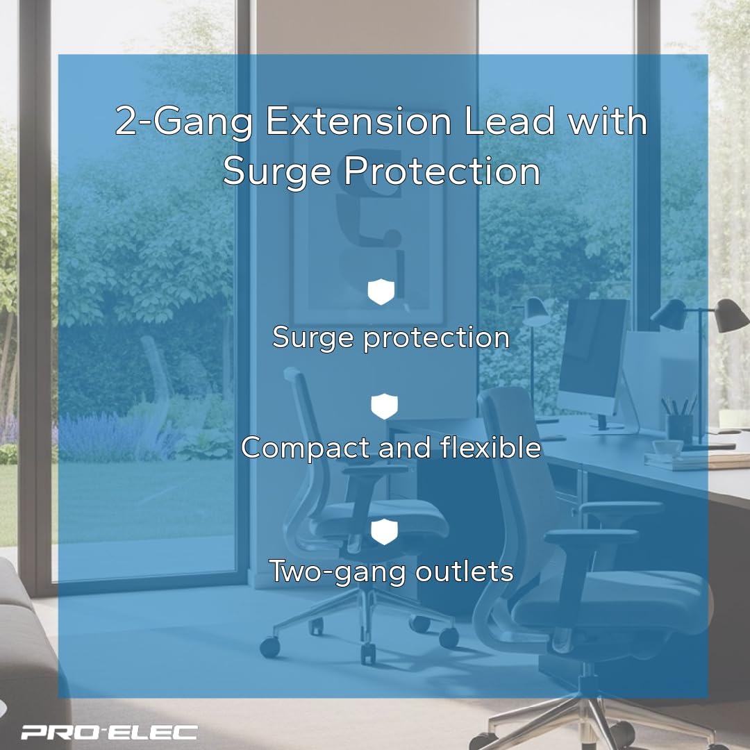 PELB1989 2-Gang Extension Lead with Surge Protection, 1m, Black