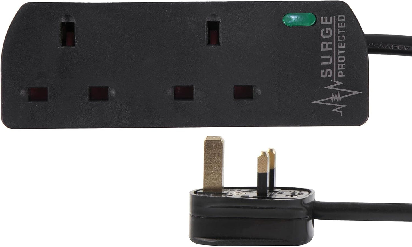 PELB1989 2-Gang Extension Lead with Surge Protection, 1m, Black