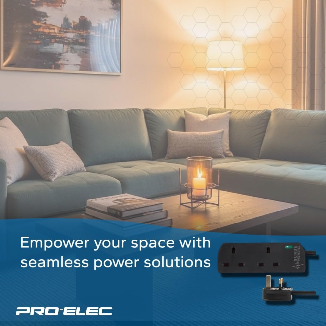PELB1989 2-Gang Extension Lead with Surge Protection, 1m, Black