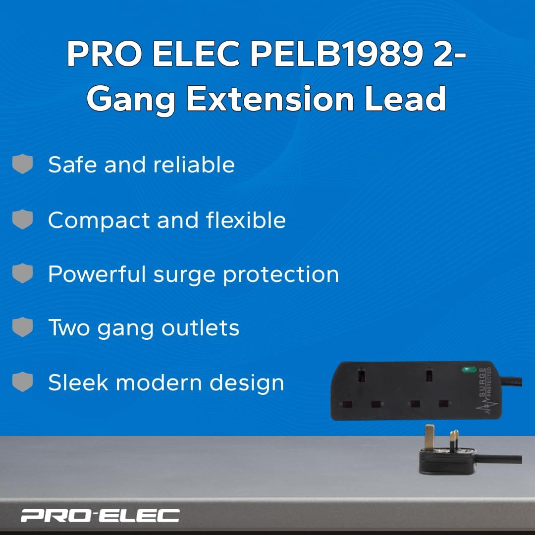 PELB1989 2-Gang Extension Lead with Surge Protection, 1m, Black