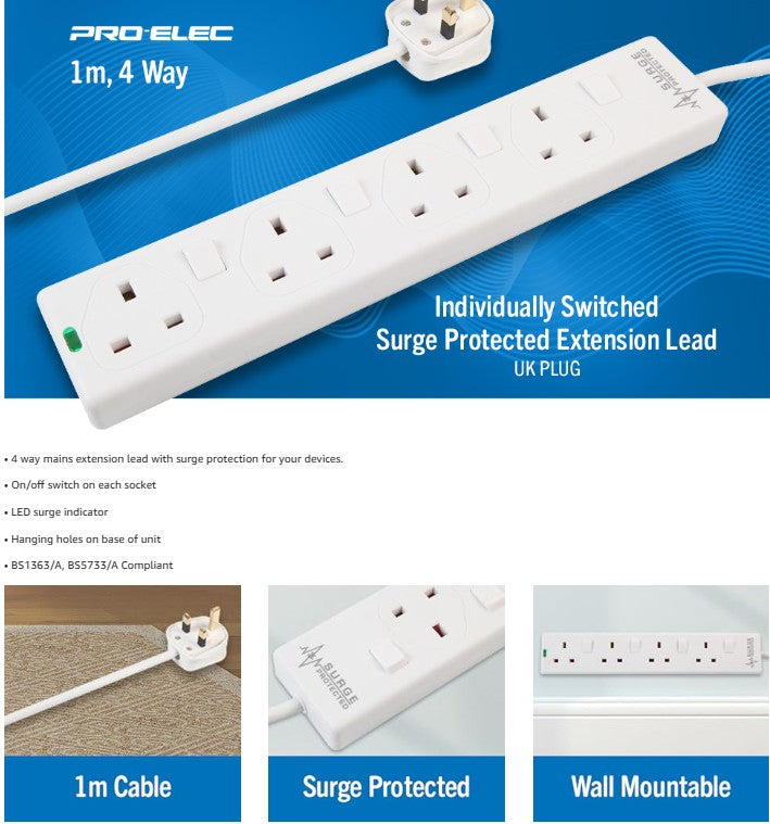 4 Way Extension Lead– 1m -PELB1918
